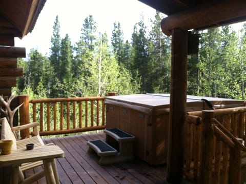 Incredible deck with hot tub and outdoor seating facing National Forest