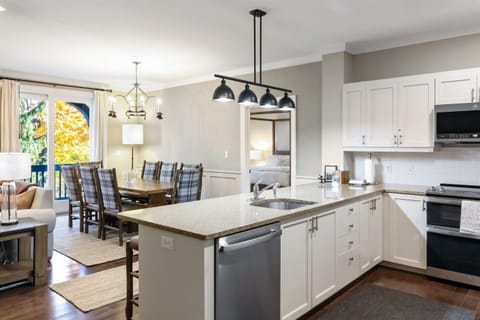 - Modern kitchen with stainless steel appliances and granite counters   - Open layout connects to dining and living areas for easy entertaining   - Fully equipped for family meals and après-ski gatherings