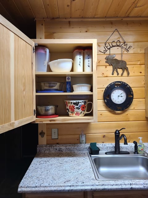 Upper cabinet left of sink.