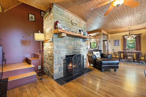 Downstairs living/dining, with gas log fireplace.