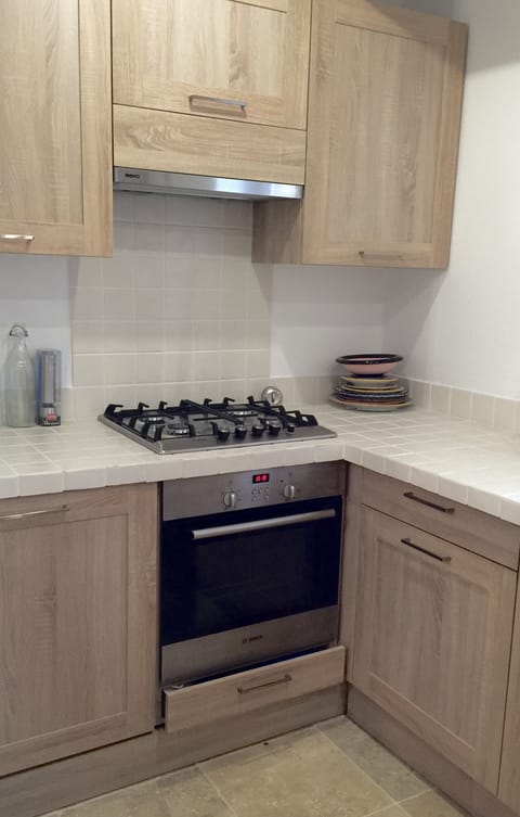 Kitchen with new Bosch appliances, imported wooden cabinets and traditional tilt