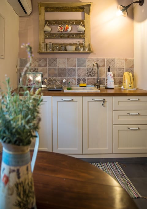 with a small kitchen.