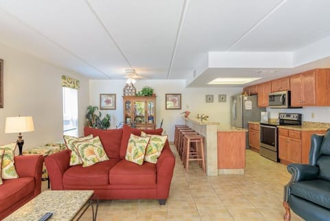 View from the living room to the kitchen and dining room area
