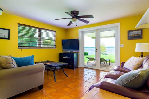 TV Living room seats 5 comfortably. Additional chair in bedroom may be added.