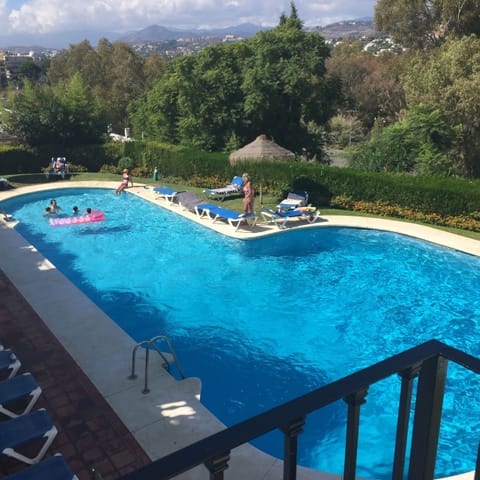 The heated swimming pool with superb mountain 
views