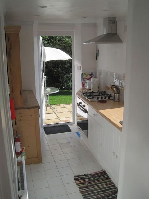 kitchen with view through to patio