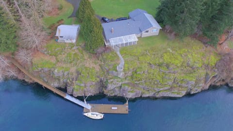 Loon Point Waterfront Cabin aerial view. Onsite property managers on right