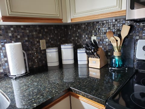 The kitchen has all the necessary items to cook a great meal.