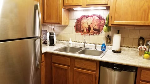 Stainless steel kitchen with ice-maker. Two USB ports are behind coffee maker.