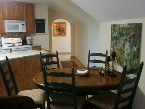 Kitchen and eating area.  Apartment sleeps six, 3 beds and 2 futons.
