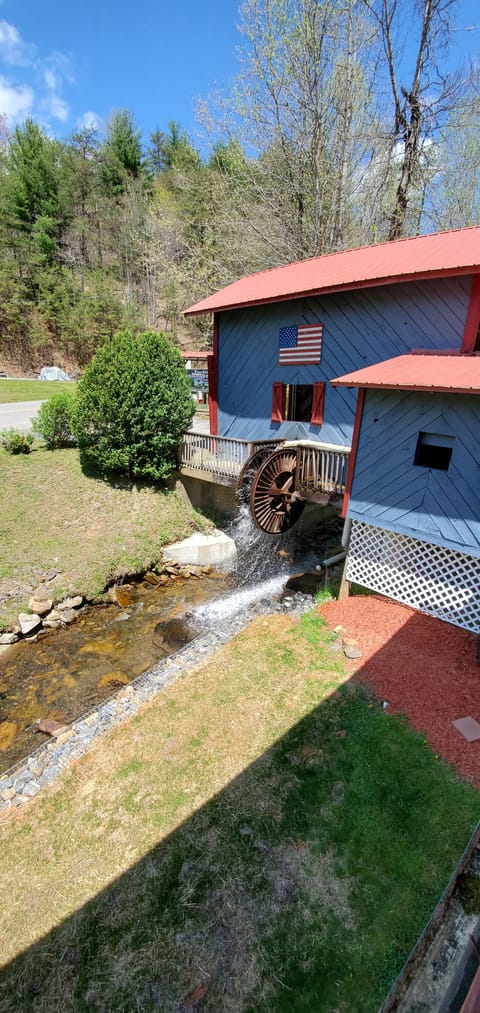 View of the water wheel from top porch