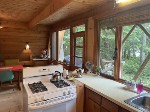 Kitchen, dining room, and deck