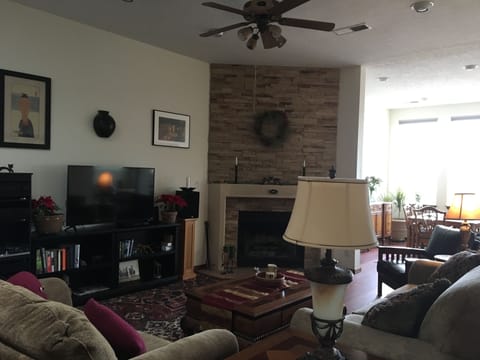 Front room with 48 inch smart TV and stereo, fireplace 
