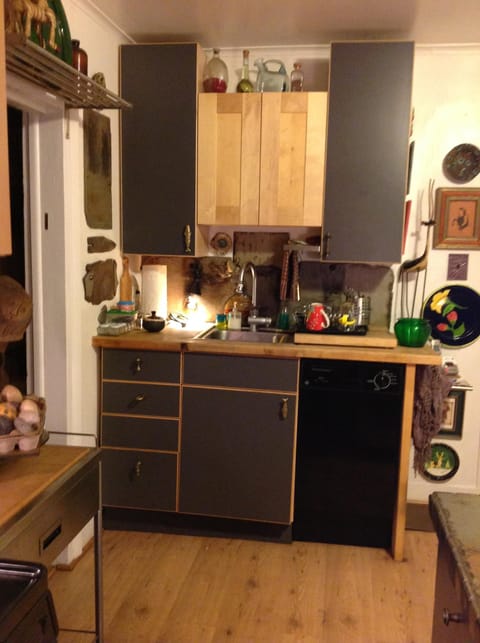 kitchen sink and dish washer; phone and front door entrance to the right