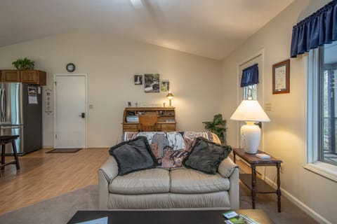 Living area view of front and garage entry