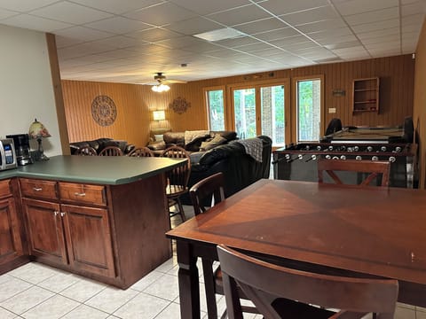 Living room lower level with walk out access to backyard and lake