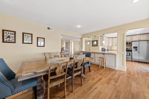 The dining table seats six