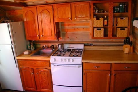 Roomy kitchen with full fridge, microwave, stove, eating/cooking utensils