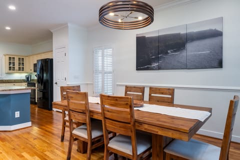 The dining table seats 8 comfortably.