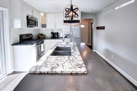 Beautiful granite countertops with live wood edge.