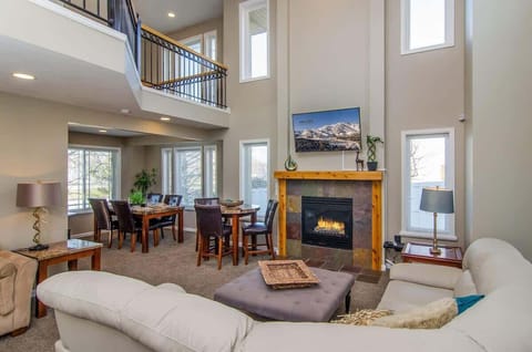 Open to upper floor with comfortable sectional sofa
