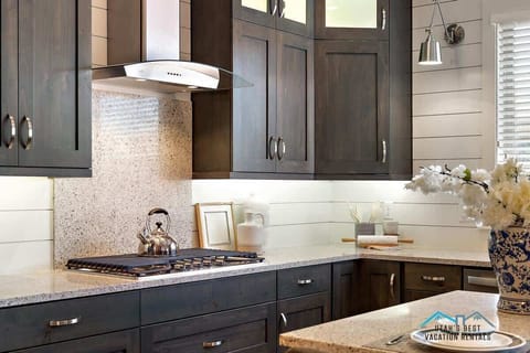 Kitchen with gorgeous cabinetry, stonework, gas cooktop