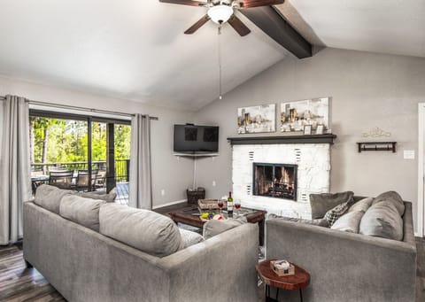 Living room with sliding door leading onto expansive back patio
