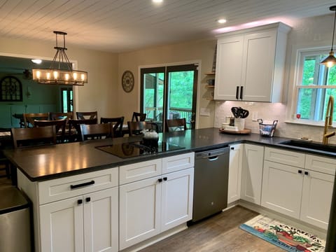 Table seats 8, peninsula seats 4, outdoor table and chairs on deck seats 6