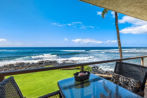 The oceanfront lanai is sheltered from the prevailing winds.  