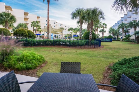 Looking out from the patio at the kids pool area.