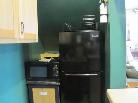Refrigerator and microwave.