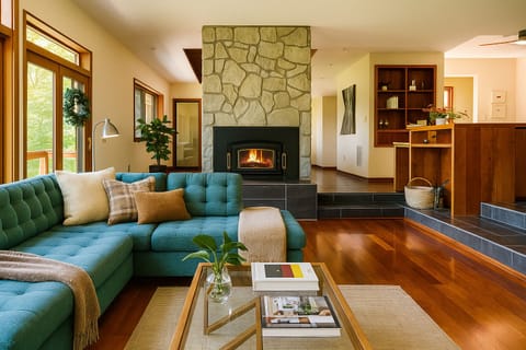 The cozy living room shares a double-sided fireplace with the dining room.  Curl up, read a book, play games with friends or just listen to music on the turntable or bluetooth speaker and let city life melt away!