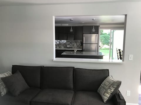 Pass through from kitchen to living room allows for open feel.