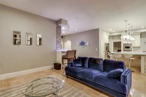 Family room with kitchen attached. 