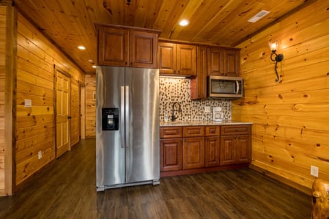 Lower level: kitchenette with full size fridge, sink and microwave