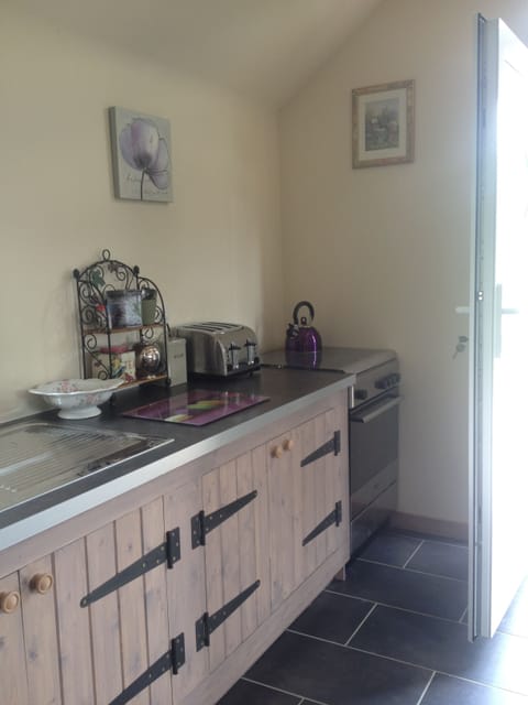 Kitchen with microwave, toaster and gas cooker