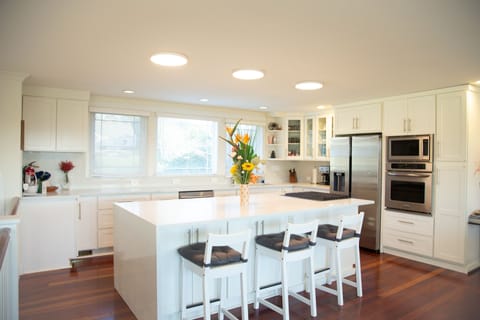 Kitchen #1 Upstairs with stove, oven, fridge, and coffee maker