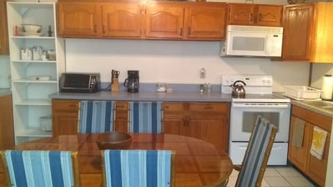 Kitchen table to cabinets and stove