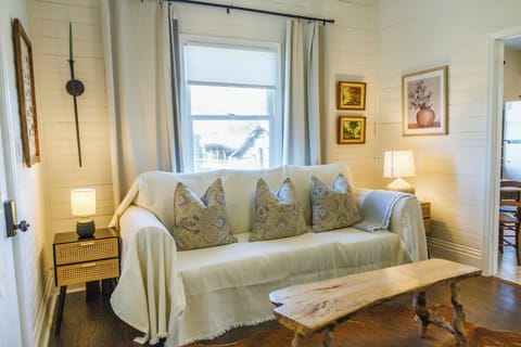 Queen pull out sofa bed in cozy living room. 