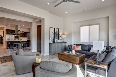Living Room View Of Kitchen - Beautiful view from the side door showing the living room, dining room, and kitchen.