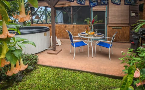Tropical Hideaway, showing patio entrance with hot tub, outdoor dining, gas BBQ