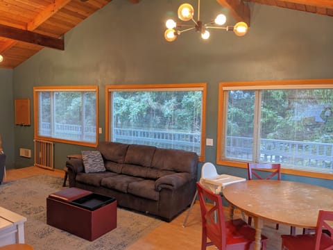 Living/Dining room with mature trees in back yard for privacy