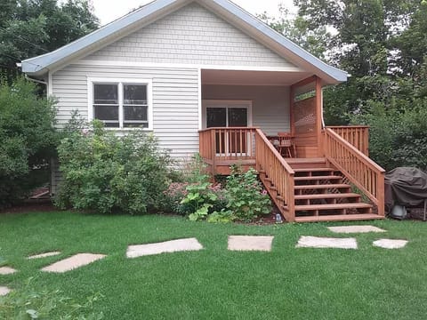 Backyard and deck, large parking area to the left