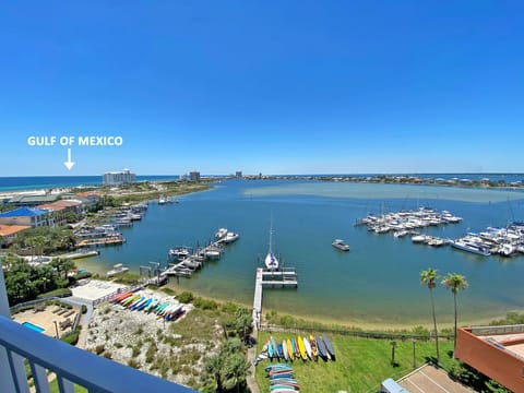 View from balcony of Little Sabine Bay and Gulf of Mexico