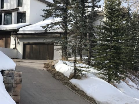 Exterior in winter.  Heated driveway. Unit is the right-hand side of the duple