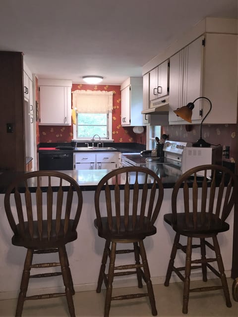 Kitchen with bar and stools