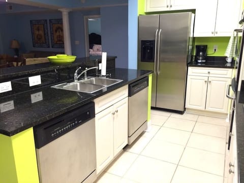 Kitchen with Granite Island and 2 refrigerators and 2 dishwashers