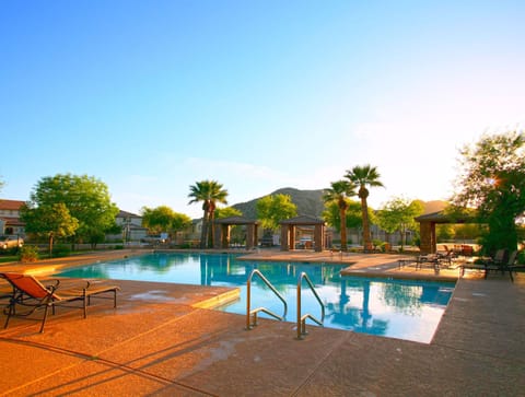 Beautiful pool area, tons of lounge chairs, mountain view, and palm trees!