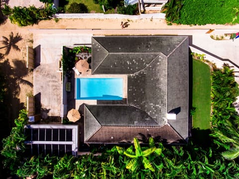 Birds eye view of solar  heated Pool, Private garden and secure gated parking