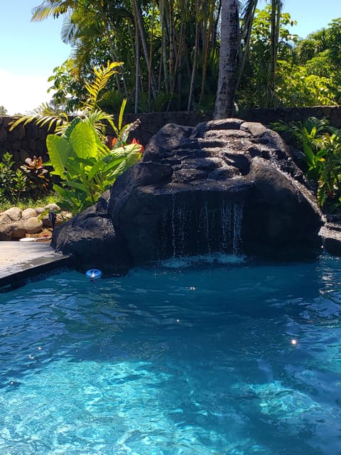 Private backyard pool and grotto with waterfall.